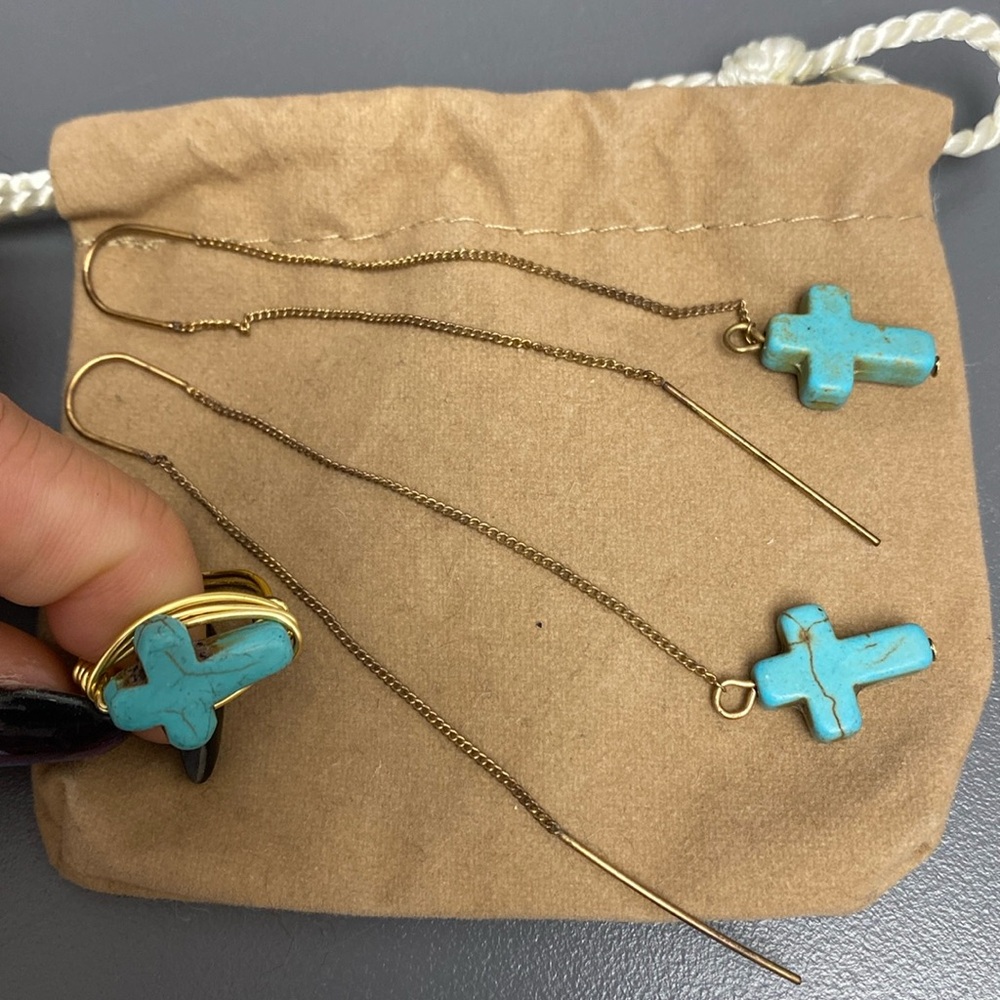 TURQUOISE CROSS EARRINGS AND RING